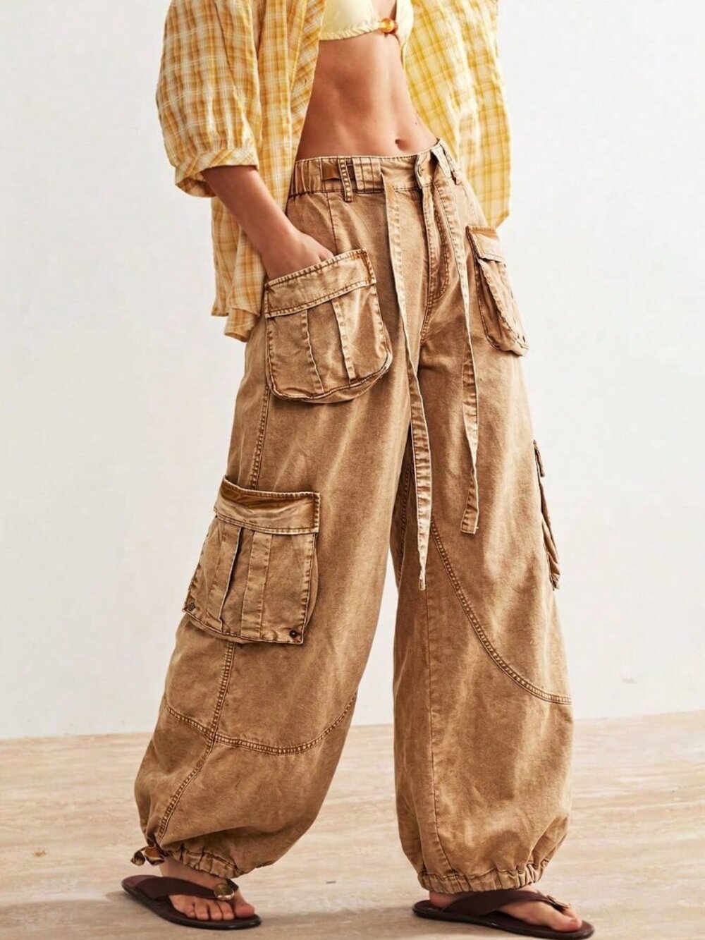 Brown Casual Women's Woven Loose Cuffed Low Waist Loose Long Pants - Picture 9 of 10